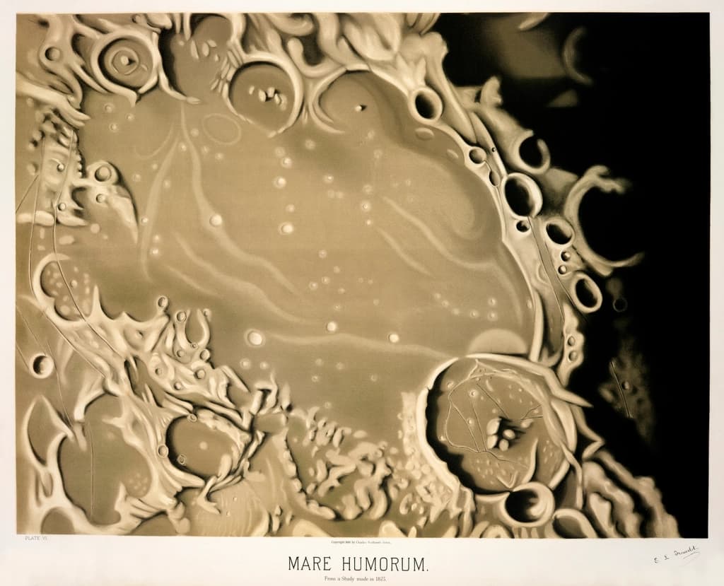 Sepia astronomical plate of the lunar plain Mare Humorum, its crater walls raking into shadow along the terminator
