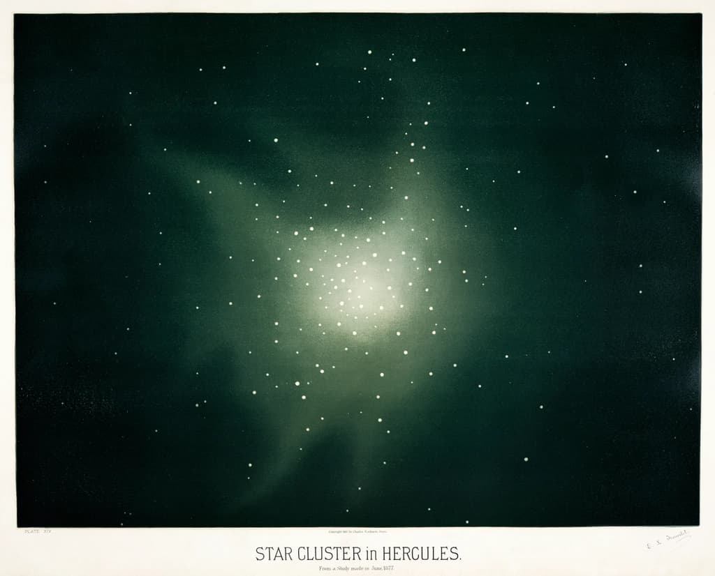 Nineteenth-century astronomical plate of the globular star cluster in Hercules, hundreds of white stars massed against a deep green sky