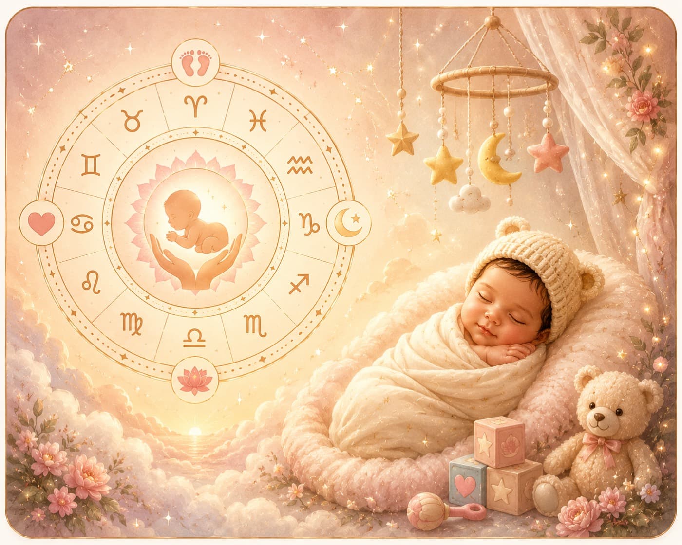 Illustrated sleeping newborn beside a zodiac wheel cradling a child