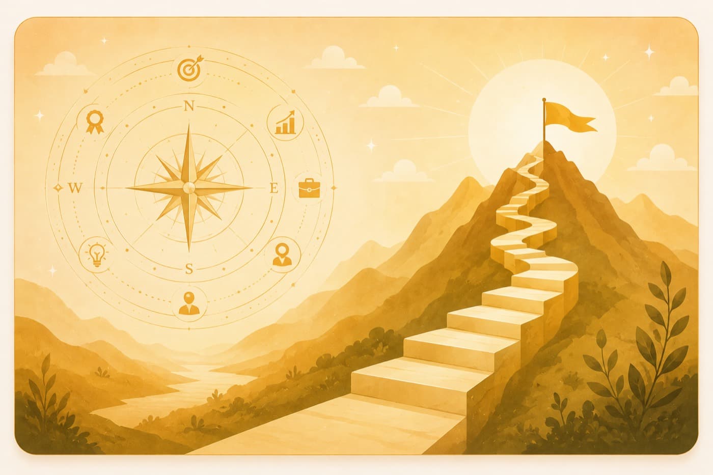 Illustrated staircase climbing a mountain peak beside a career compass