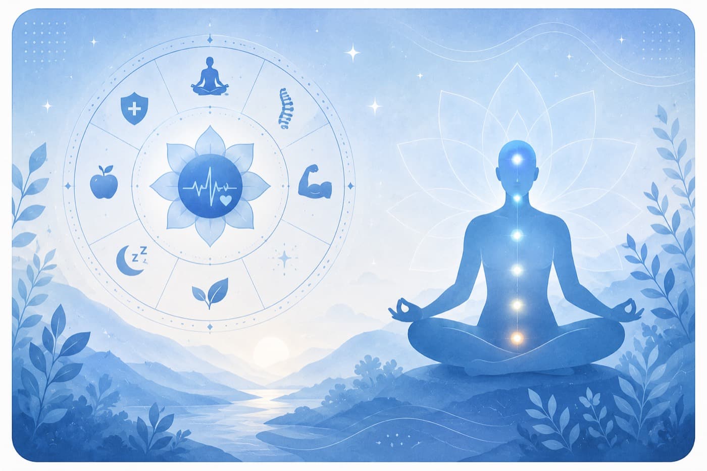 Illustrated figure seated in meditation beside a wheel of wellbeing symbols