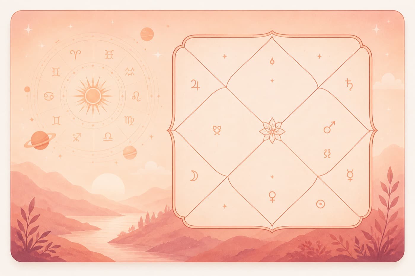 Illustrated North Indian kundali chart beside a zodiac wheel at sunrise