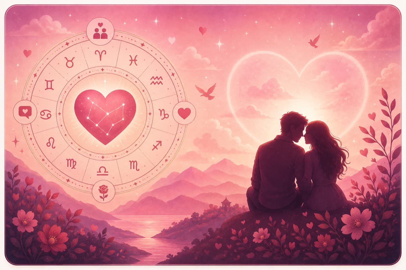 Illustrated couple at sunset beside a zodiac wheel centred on a heart