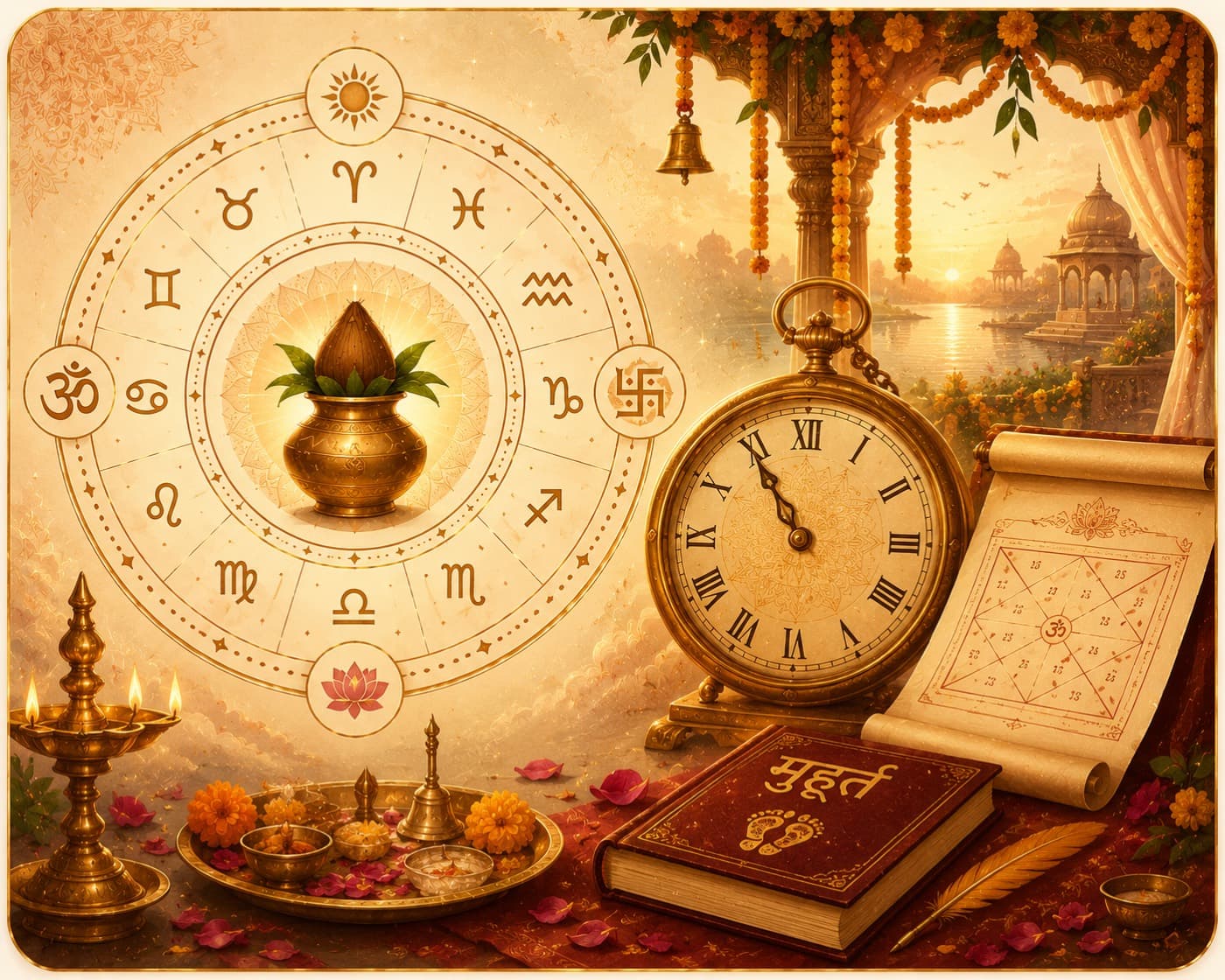 Illustrated brass clock, muhurat almanac and pooja thali beside a zodiac wheel