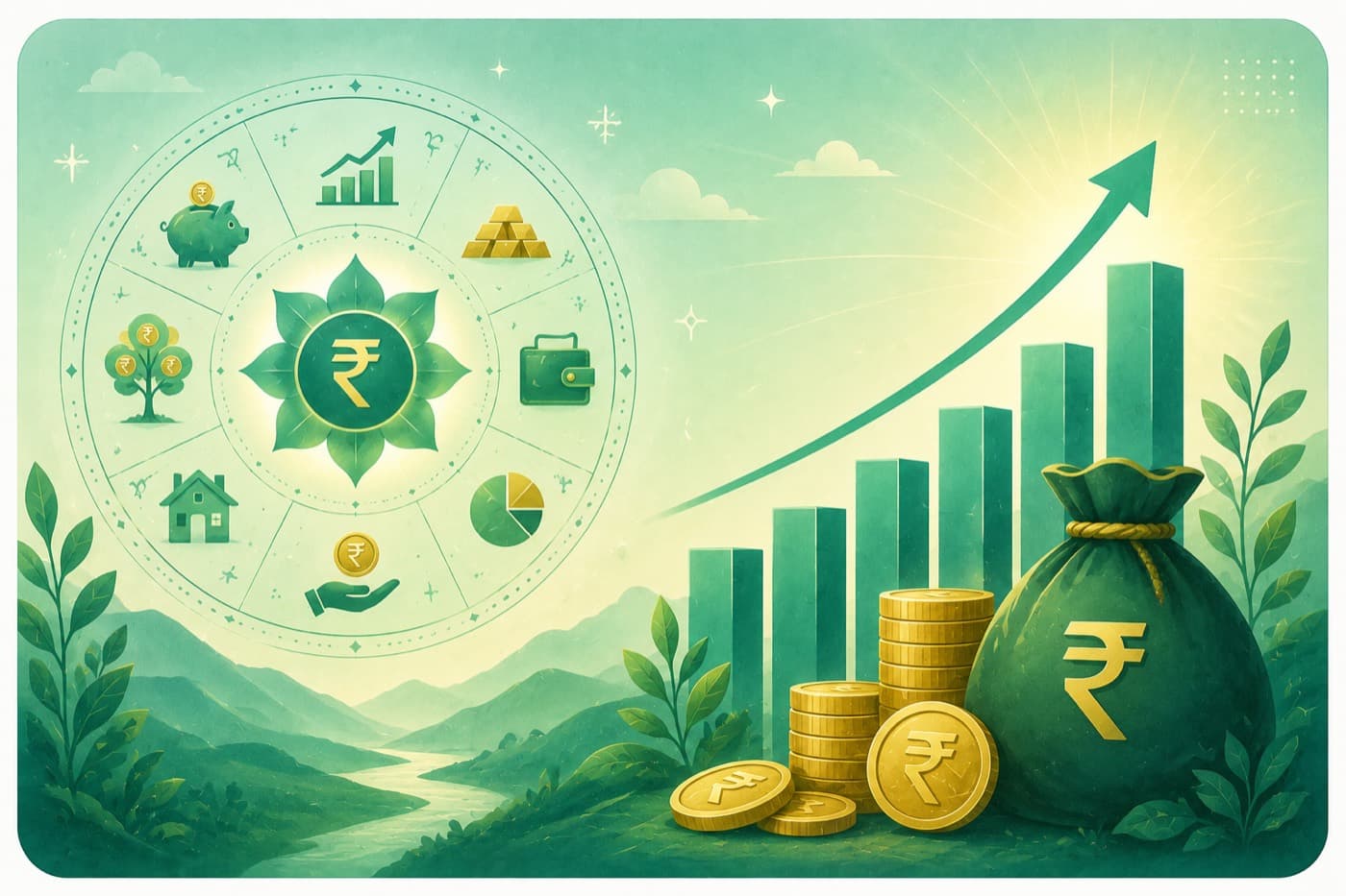 Illustrated rising growth chart, gold coins and a money bag in rupees