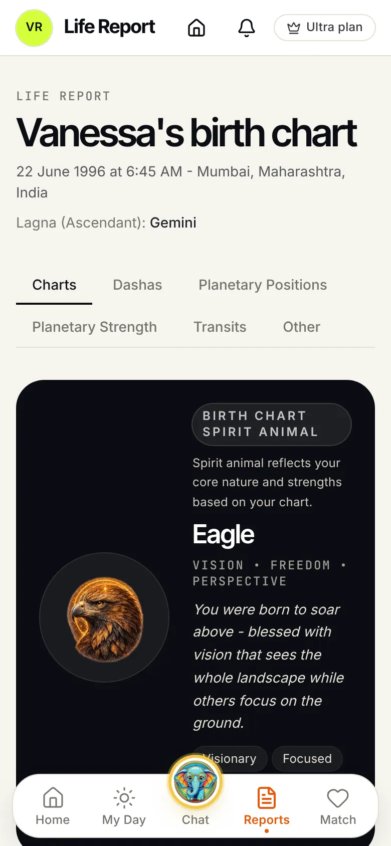 Life Report screen: the birth chart summary with Gemini lagna