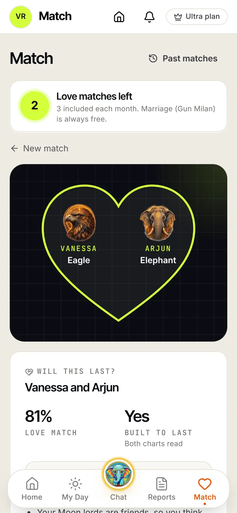 Love match screen: 81 percent, built to last, both spirit animals in a heart