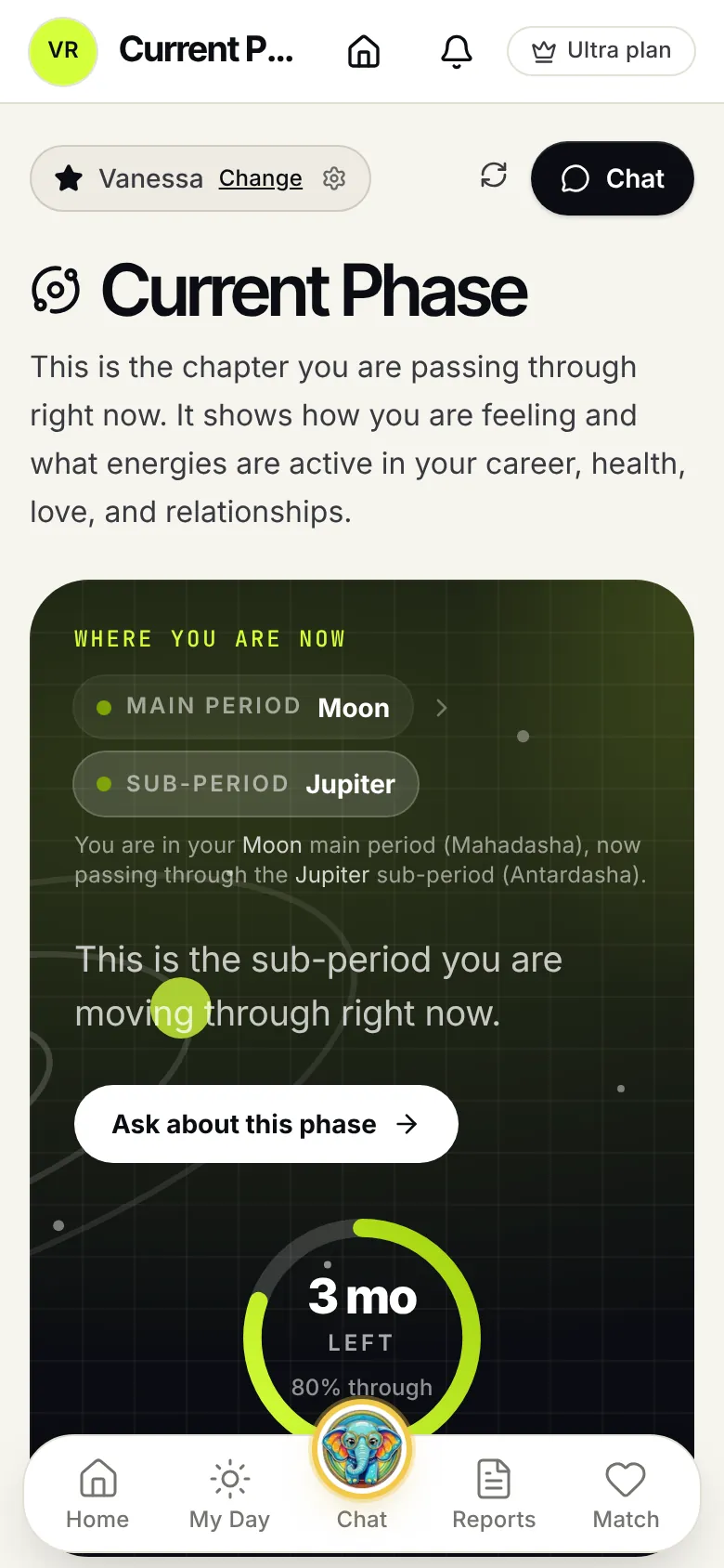 Current Phase screen: Moon main period, Jupiter sub-period, three months left